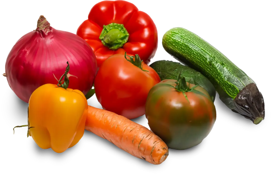 Fresh vegetables including tomatoes, peppers, onion, carrot, and zucchini